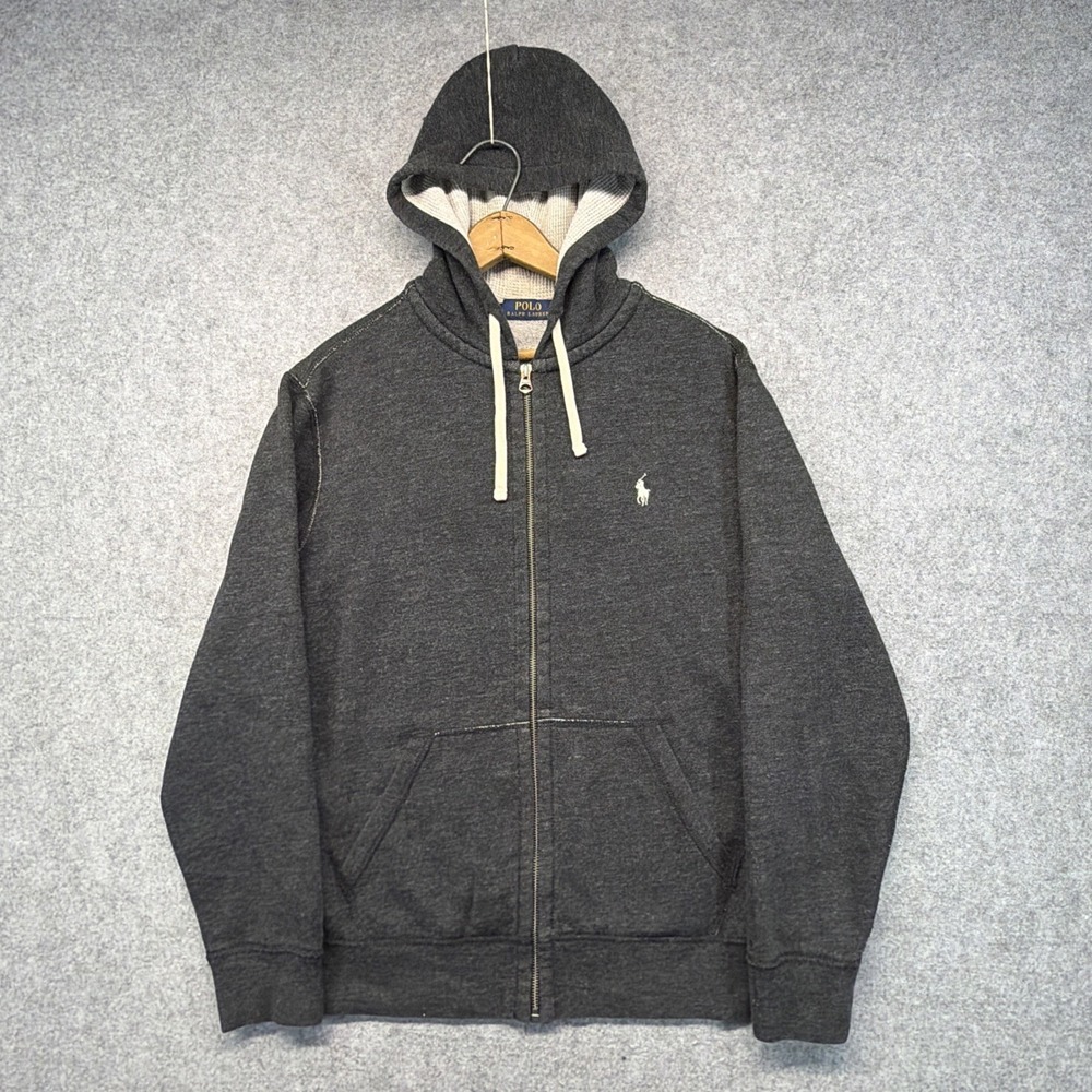 Polo‎ Ralph Lauren Waffle Hoodie Full Zip Men's Medium Dark Gray White Pony